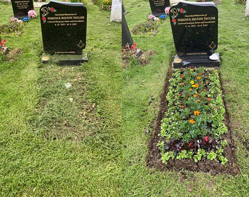 Grave tidy up and planting  - Before & After Photos -  LONG'S LAWNS